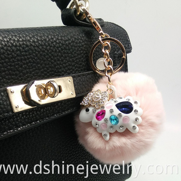 Rabbit Fur Pom Ball Crystal Pendant Keychain